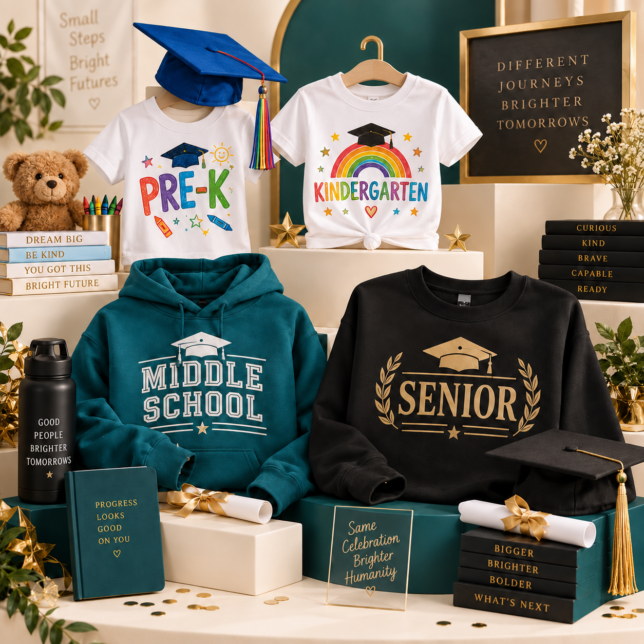 Pre-K, kindergarten, middle school and high school graduation apparel
